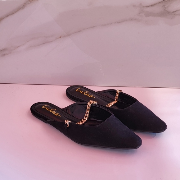 LULU'S Lavareta Black Suede Chain Pointed-Toe Loafer Slides 8.5 - Picture 2 of 14